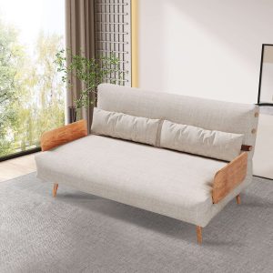 JASIWAY Beige & Brown Convertible Sofa Tech Fabric Upholstered Foldable Sofa