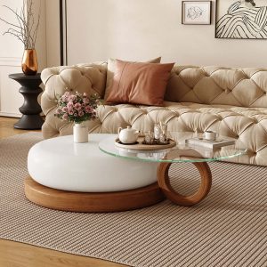 JASIWAY Modern Round Coffee Table – Glass Top & Solid Wood Leg