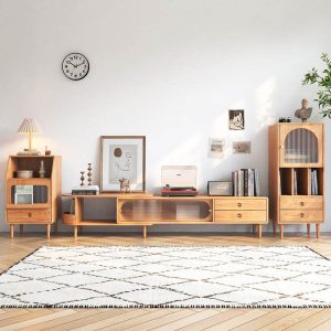 JASIWAY Extendable TV Stand Storage Sliding Glass Door Media Console