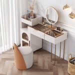 JASIWAY White Makeup Vanity Glass Tabletop Dressing Table with Open Storage Compartment & Drawers & Cabinet