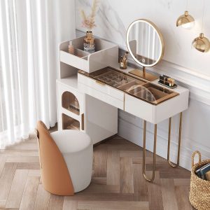 JASIWAY White Makeup Vanity Glass Tabletop Dressing Table with Open Storage Compartment & Drawers & Cabinet