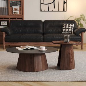 JASIWAY Round High-Low Combo Coffee Table Solid Wood Slate with Storage