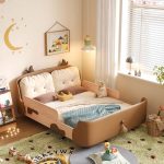 JASIWAY Wooden Kid Bed with Cow Design,Safety Rail & Soft Headrest