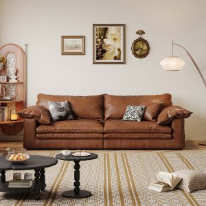 Hausfurn Faux Leather Sofa Brown Vintage Living Room Sofa