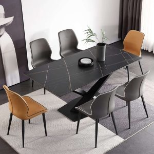 Hausfurn Modern 70.87" Black Marble Dining Table Sintered Stone Top X-Base