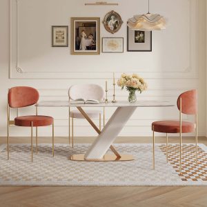 Hausfurn Modern White Rectangular Marble Dining Table Gold Stainless Steel X-Base