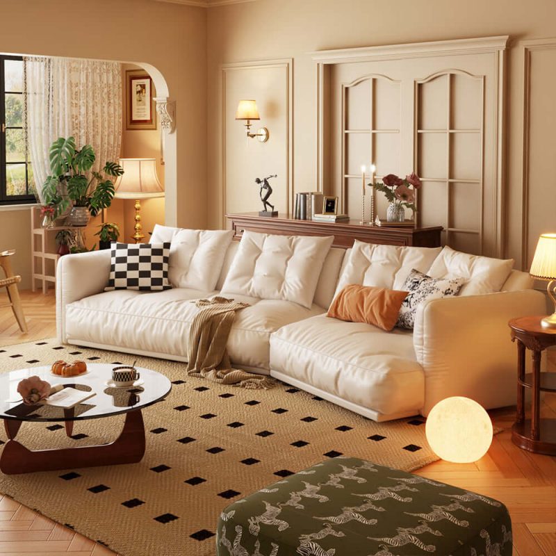 Hausfurn Leather Curved Couch French Vintage Luxury Corner Sofa