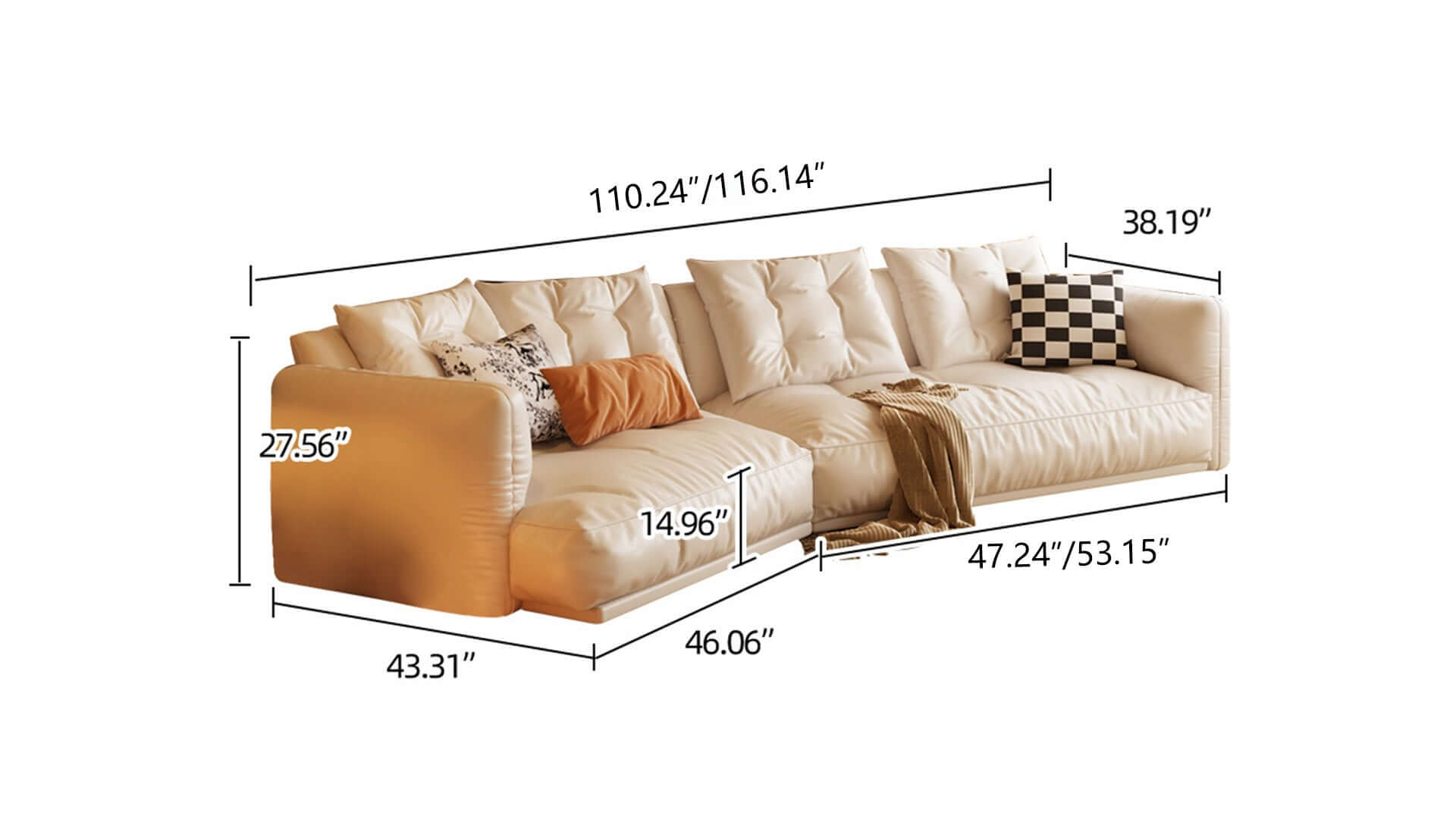 Dimension of Leather Curved Couch French Vintage Luxury Corner Sofa