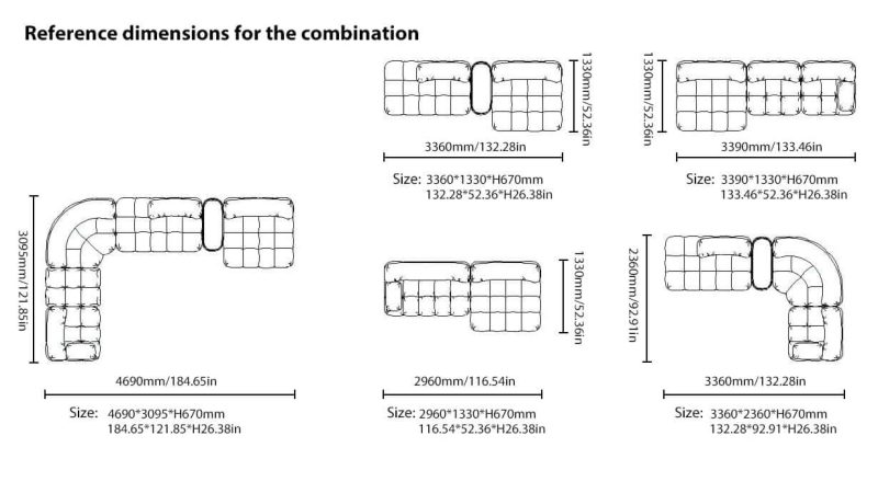 Dimension of Luxury Modern Modular Sectional Sofa with Custom Fabric Options