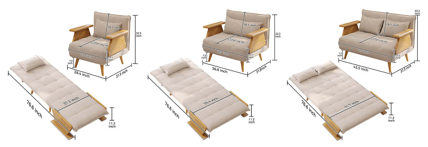 Dimension of 3-in-1 Folding Sofa Chair Bed with Armrests – 3 Sizes Available