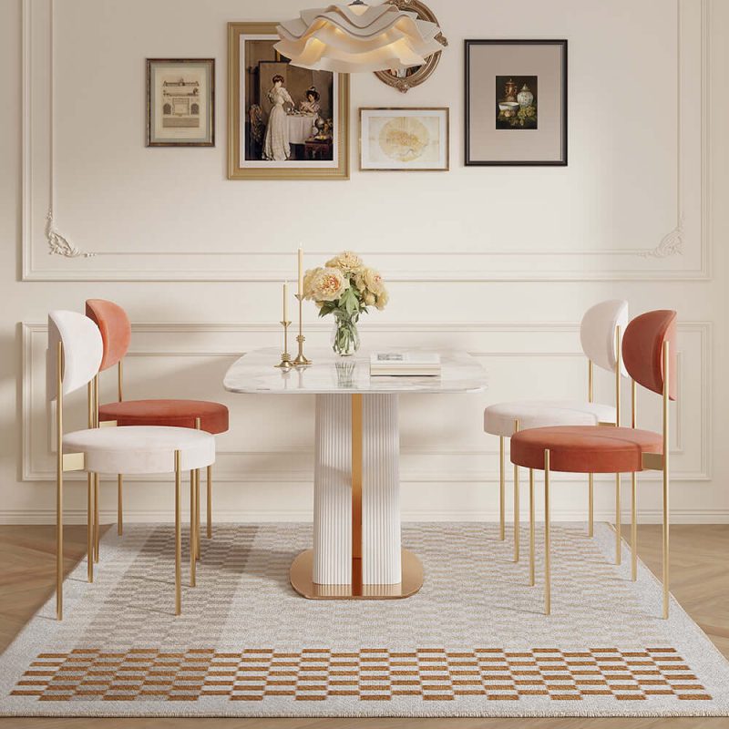 Hausfurn Modern White Rectangular Marble Dining Table Gold Stainless Steel X-Base