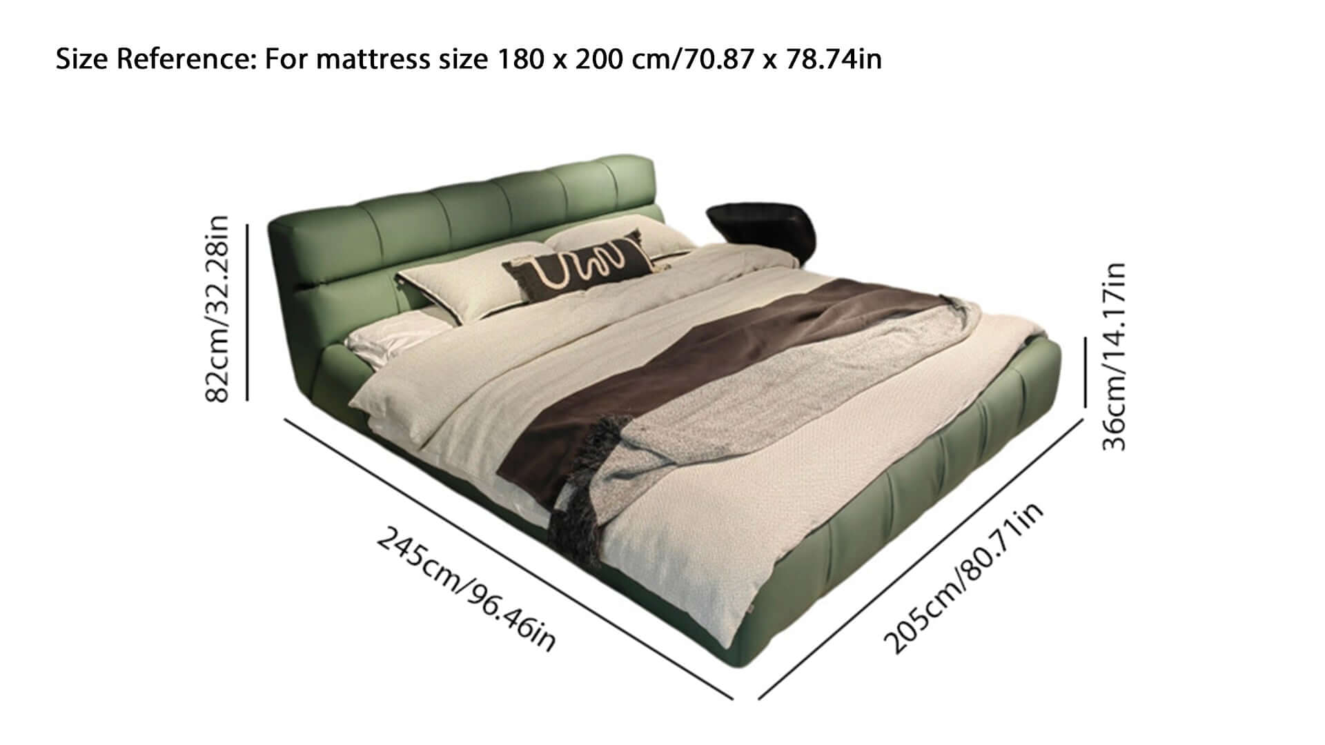 Dimension of Modern Upholstered King Bed Available in Leather & Suede Fabric