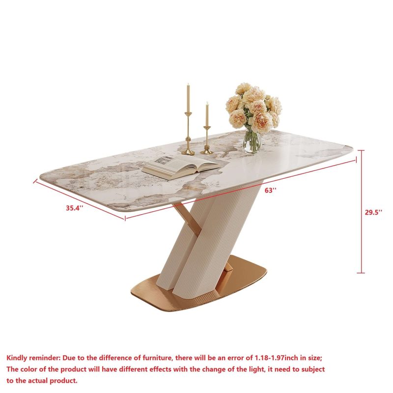 Hausfurn Modern White Rectangular Marble Dining Table Gold Stainless Steel X-Base