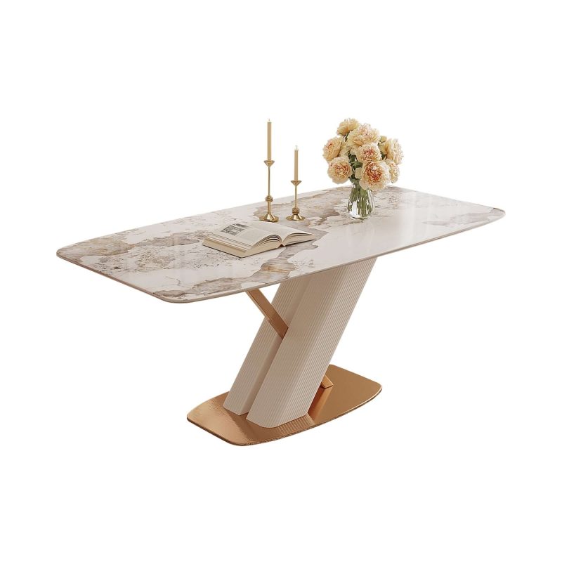 Hausfurn Modern White Rectangular Marble Dining Table Gold Stainless Steel X-Base