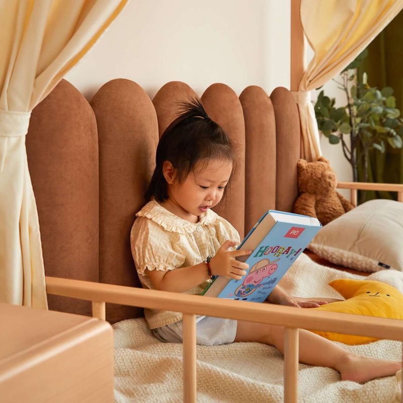 Hausfurn Extendable Solid Wood Kids Castle Bed with Canopy – Tent-Style Toddler to Twin Bed with Upholstered Headboard