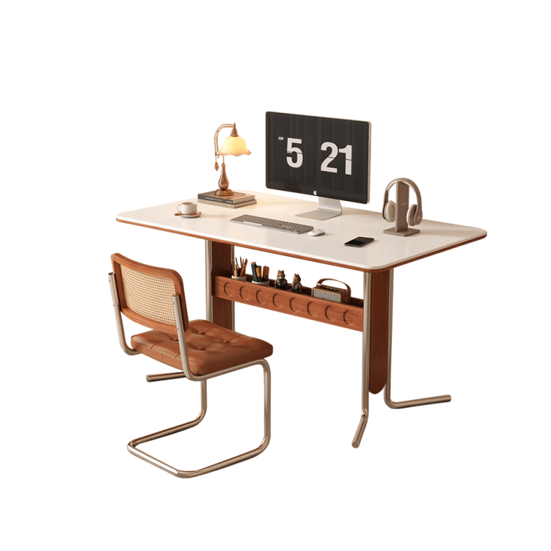 Hausfurn Vintage Dining-Desk Combo Square Slate Top Table with Storage and Stainless Steel Legs