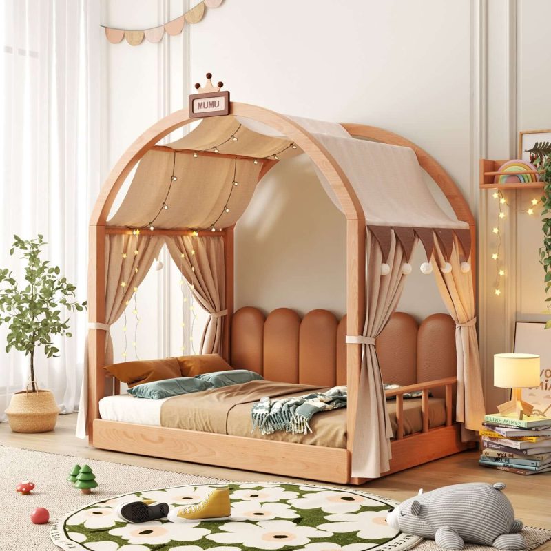 Hausfurn Extendable Solid Wood Kids Castle Bed with Canopy – Tent-Style Toddler to Twin Bed with Upholstered Headboard