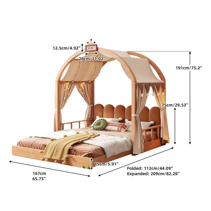 Hausfurn Extendable Solid Wood Kids Castle Bed with Canopy – Tent-Style Toddler to Twin Bed with Upholstered Headboard