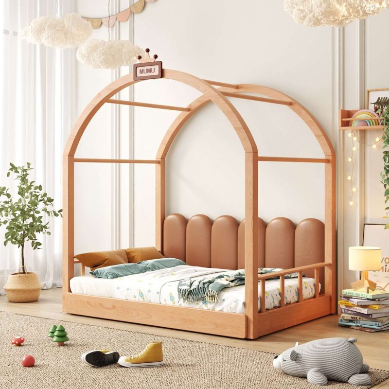 Hausfurn Extendable Solid Wood Kids Castle Bed with Canopy – Tent-Style Toddler to Twin Bed with Upholstered Headboard