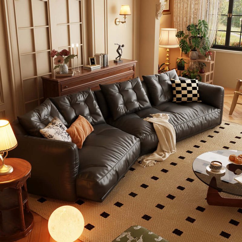Leather Curved Couch French Vintage Luxury Corner Sofa