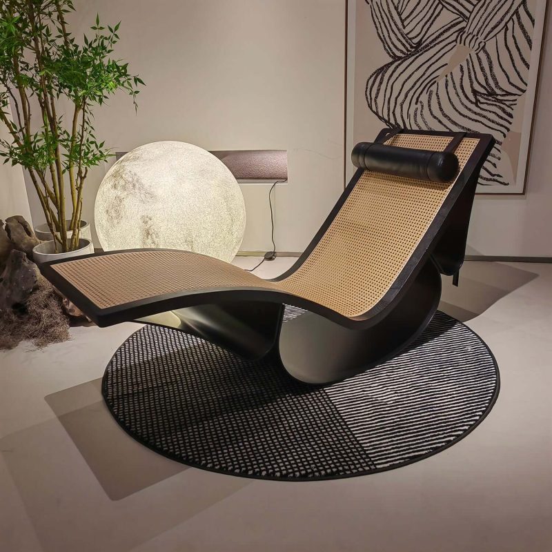 Hausfurn Vintage Chaise Lounge Chair in Cane Wood Black–Lead Time within 40 Days