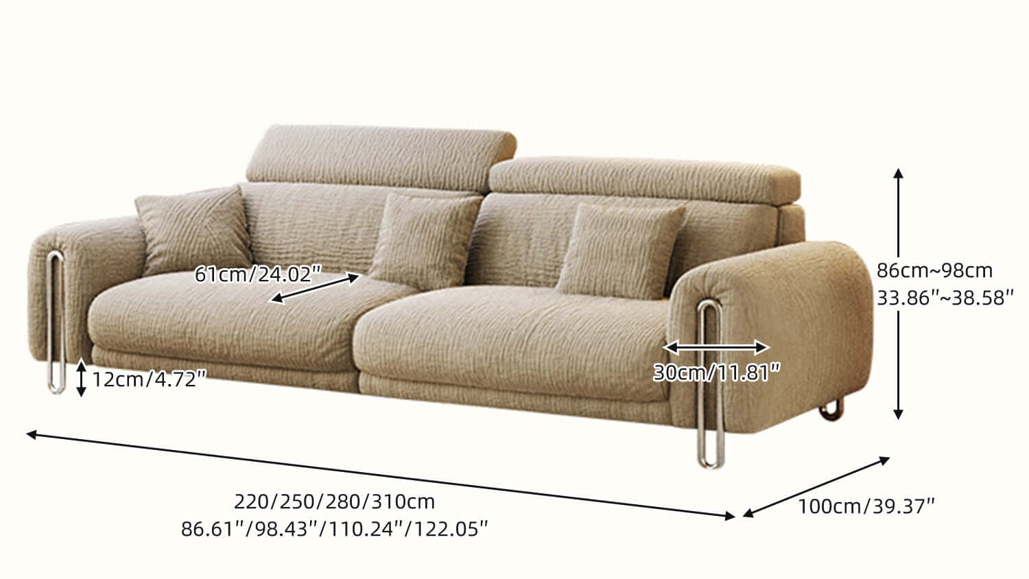Dimension of Contemporary Chenille Lounge Sofa with Removable Couch Cover