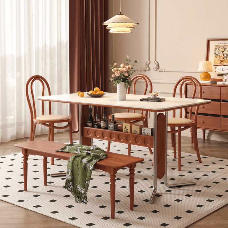 Hausfurn Vintage Dining-Desk Combo Square Slate Top Table with Storage and Stainless Steel Legs