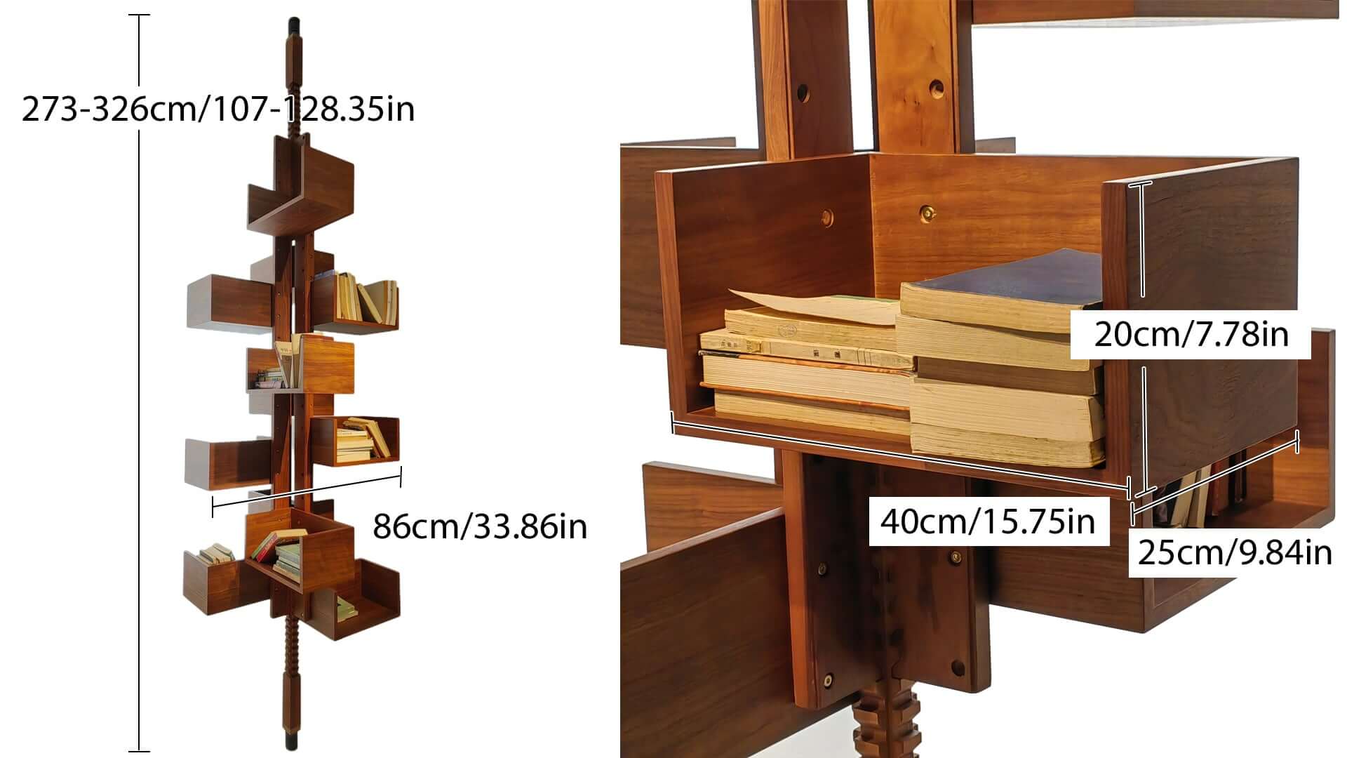 Dimension of 360-Degree Rotating Walnut Wood Floor-to-ceiling Bookshelf