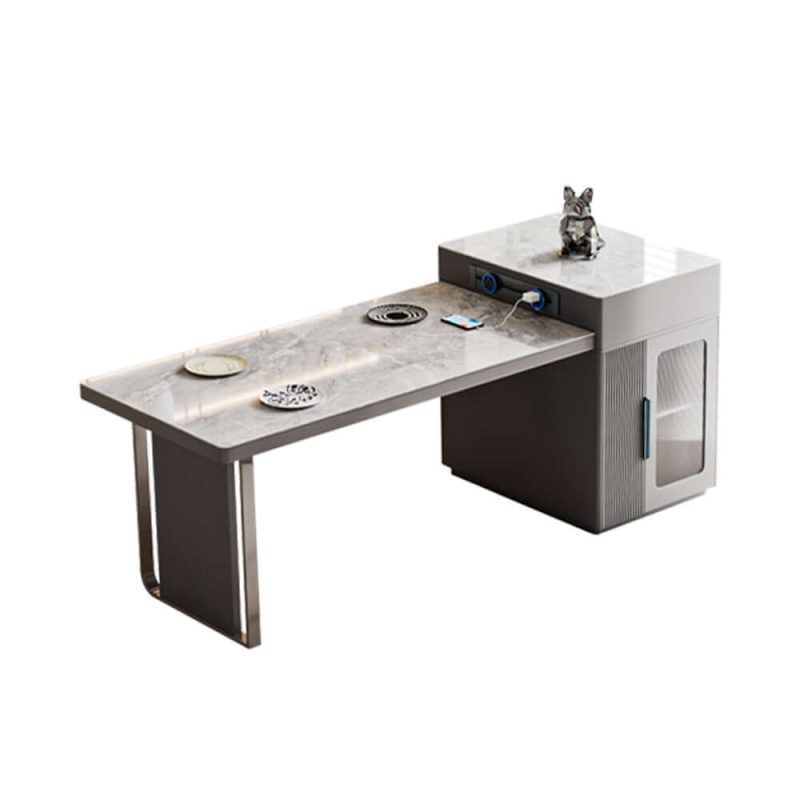 Hausfurn Slate Island Extendable Dining Table with Storage Cabinet Integrated