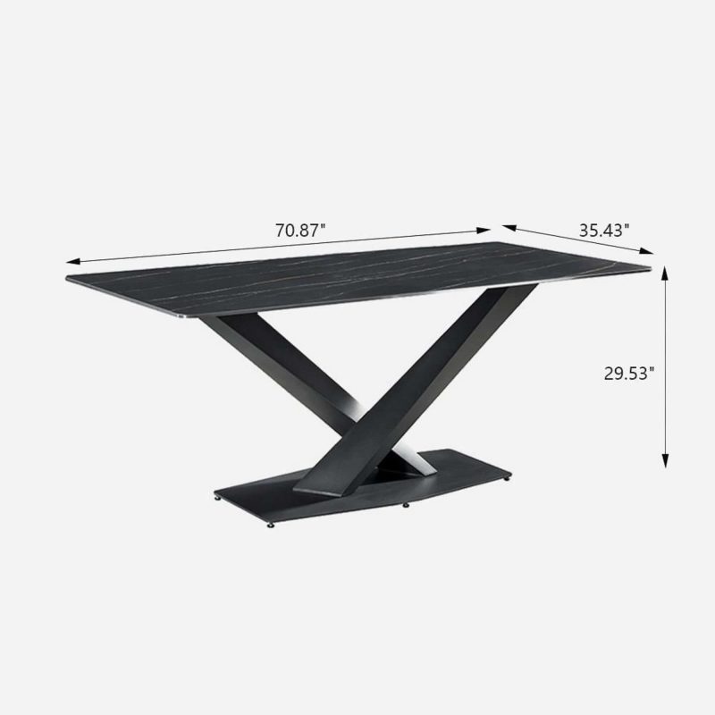 Hausfurn Modern 70.87" Black Marble Dining Table Sintered Stone Top X-Base
