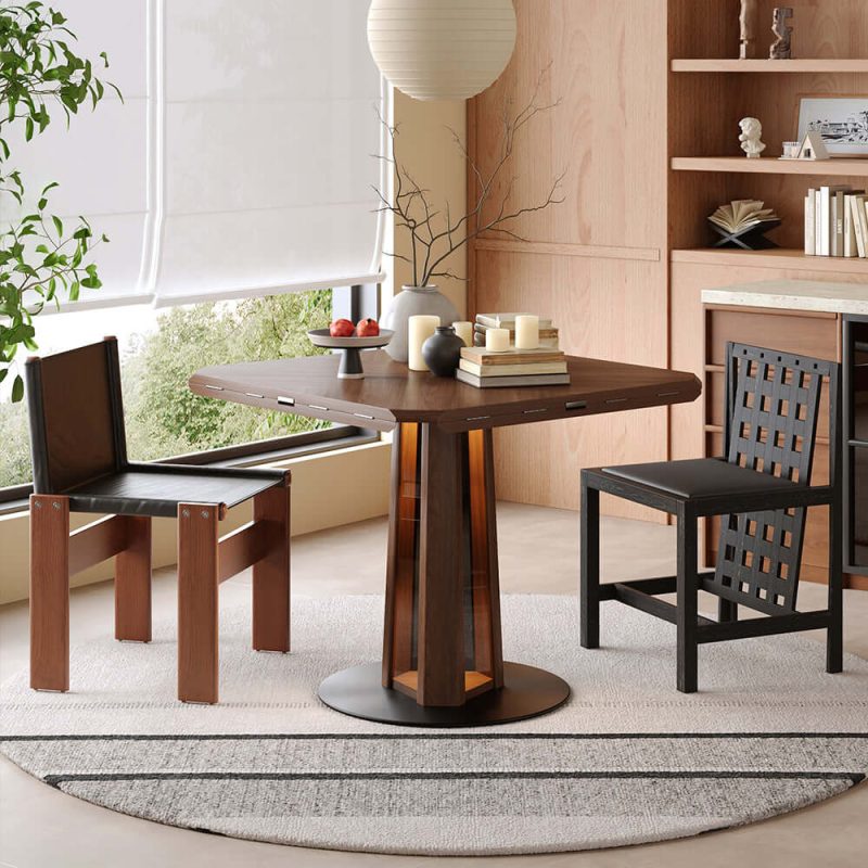 Hausfurn Nordic Style Solid Wood Fold Square Extendable Round Dining Table with LED Light