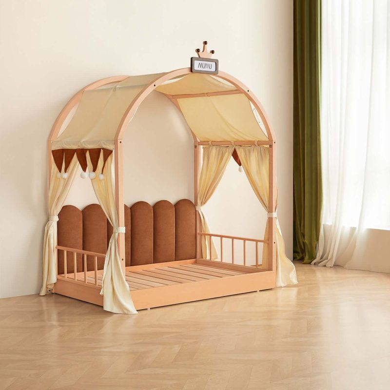 Hausfurn Extendable Solid Wood Kids Castle Bed with Canopy – Tent-Style Toddler to Twin Bed with Upholstered Headboard