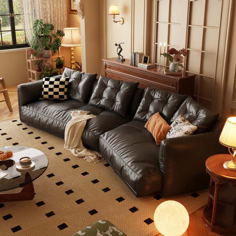 Hausfurn Leather Curved Couch French Vintage Luxury Corner Sofa