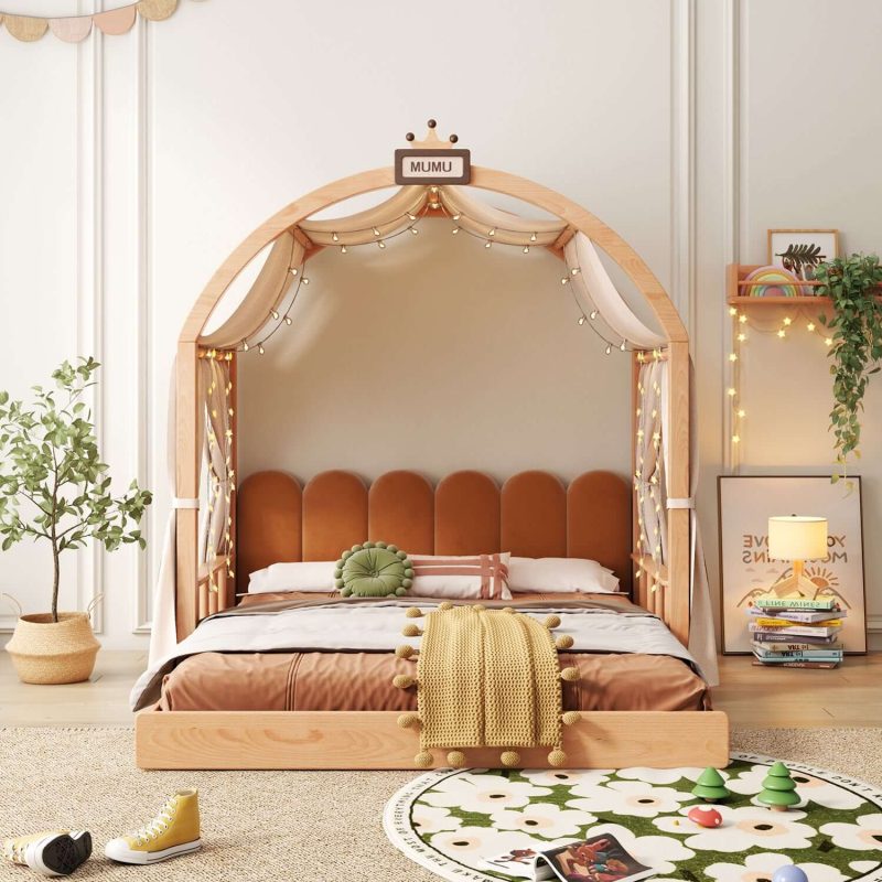 Hausfurn Extendable Solid Wood Kids Castle Bed with Canopy – Tent-Style Toddler to Twin Bed with Upholstered Headboard