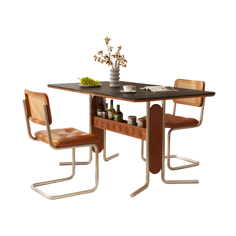 Hausfurn Vintage Dining-Desk Combo Square Slate Top Table with Storage and Stainless Steel Legs