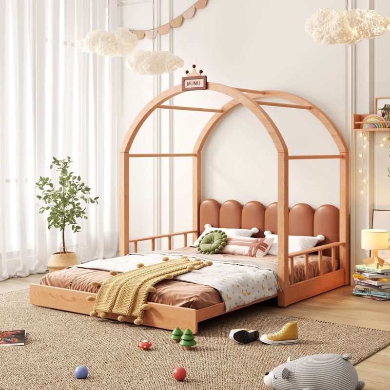 Hausfurn Extendable Solid Wood Kids Castle Bed with Canopy – Tent-Style Toddler to Twin Bed with Upholstered Headboard