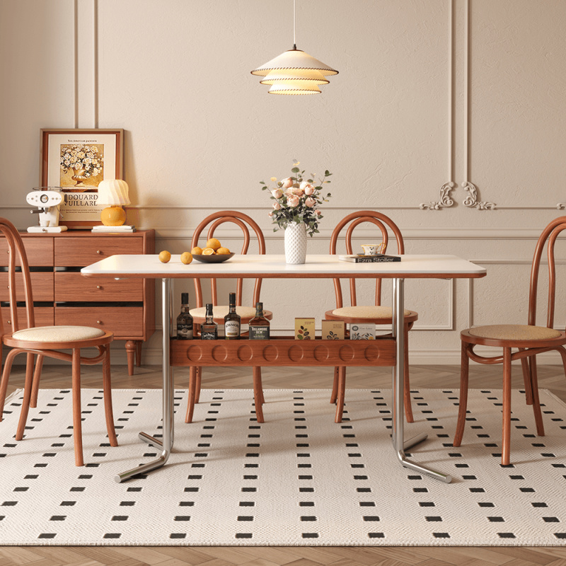 Hausfurn Vintage Dining-Desk Combo Square Slate Top Table with Storage and Stainless Steel Legs