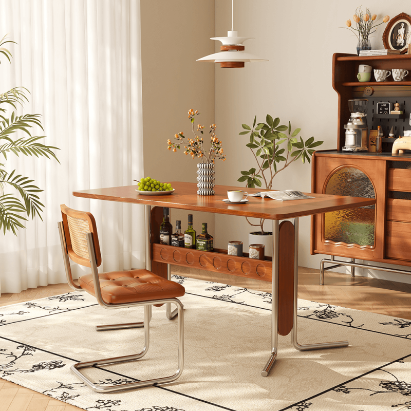 Hausfurn Vintage Dining-Desk Combo Square Slate Top Table with Storage and Stainless Steel Legs