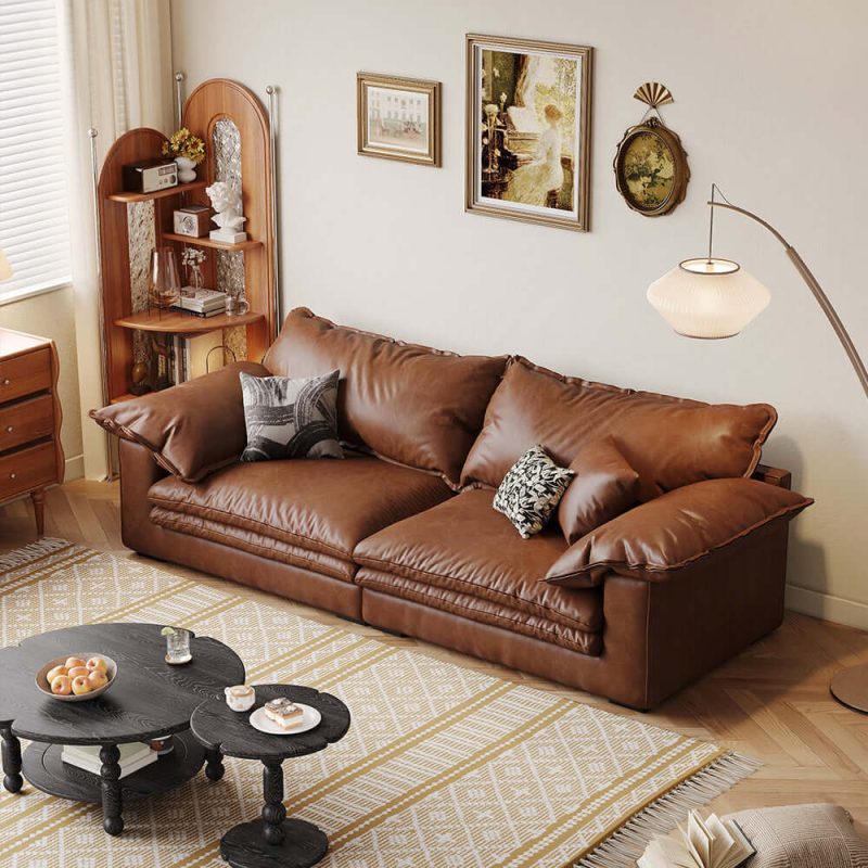 Hausfurn Faux Leather Sofa Brown Vintage Living Room Sofa