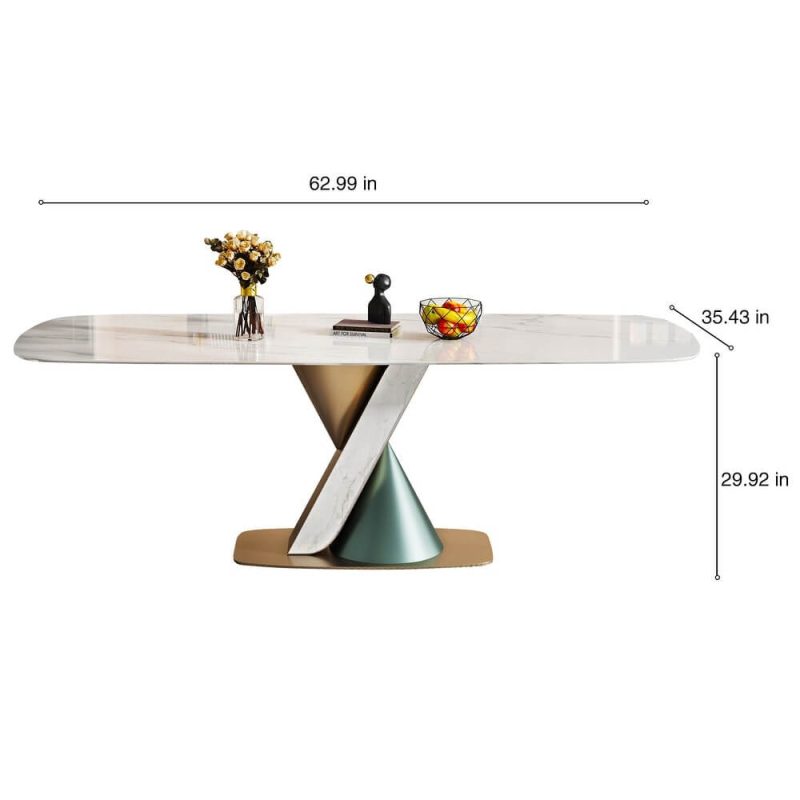 Hausfurn Modern White Rectangular Dining Table for 6 Person with Sintered Stone Top