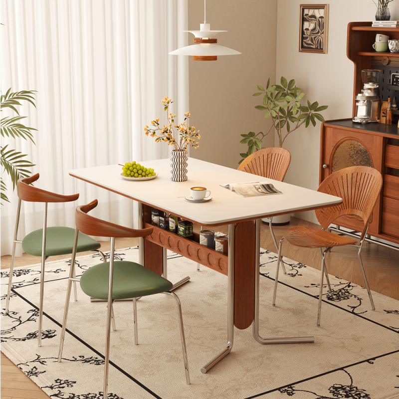 Hausfurn Vintage Dining-Desk Combo Square Slate Top Table with Storage and Stainless Steel Legs