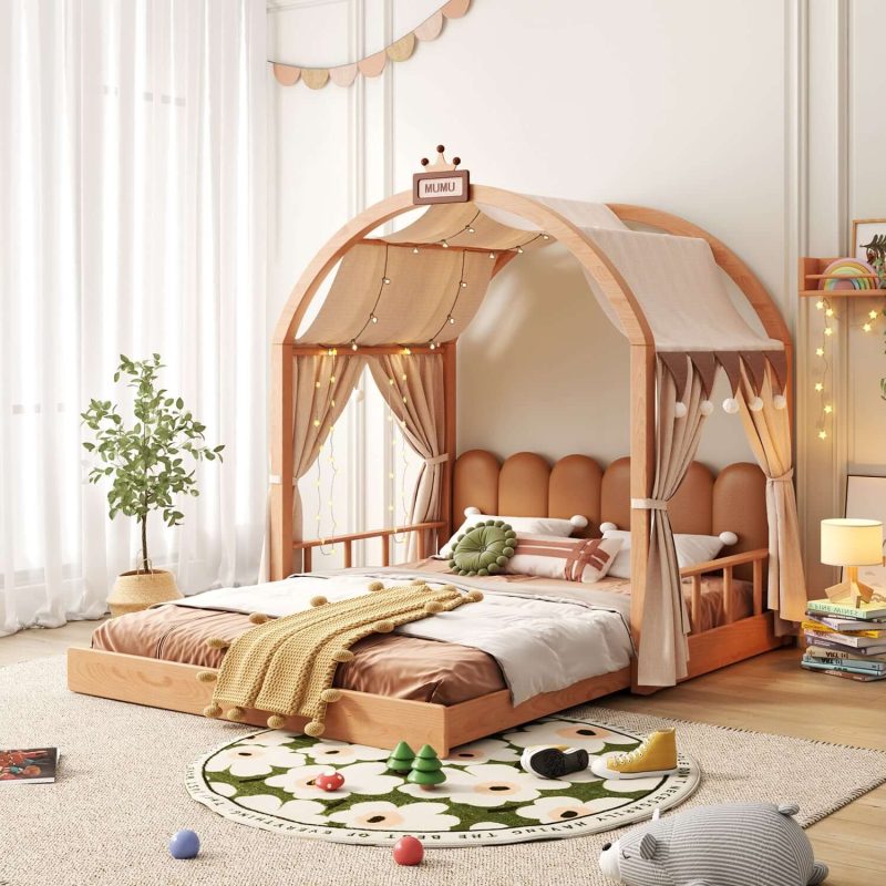 Hausfurn Extendable Solid Wood Kids Castle Bed with Canopy – Tent-Style Toddler to Twin Bed with Upholstered Headboard