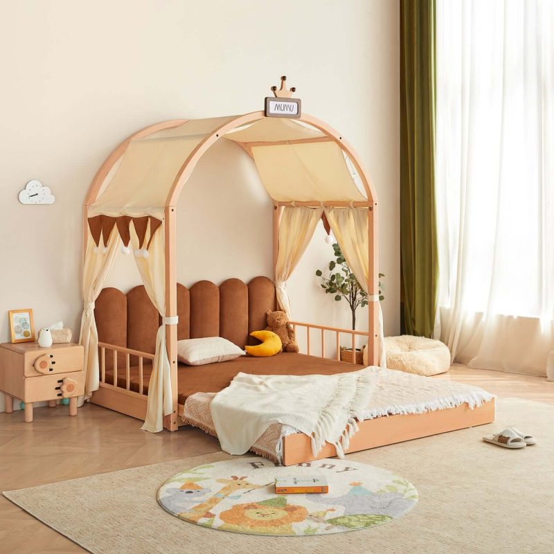 Hausfurn Extendable Solid Wood Kids Castle Bed with Canopy – Tent-Style Toddler to Twin Bed with Upholstered Headboard