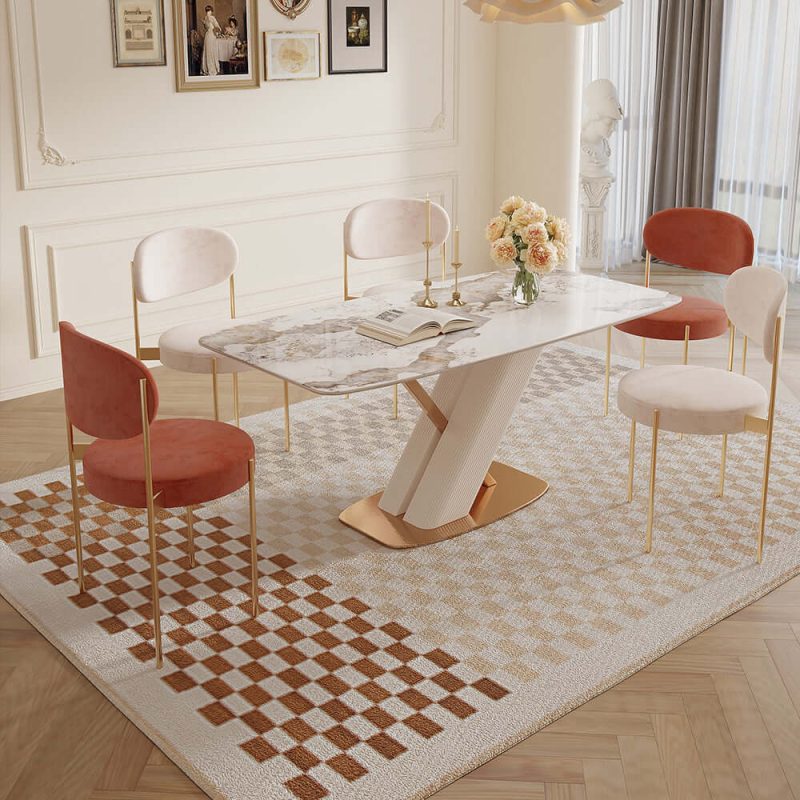 Hausfurn Modern White Rectangular Marble Dining Table Gold Stainless Steel X-Base