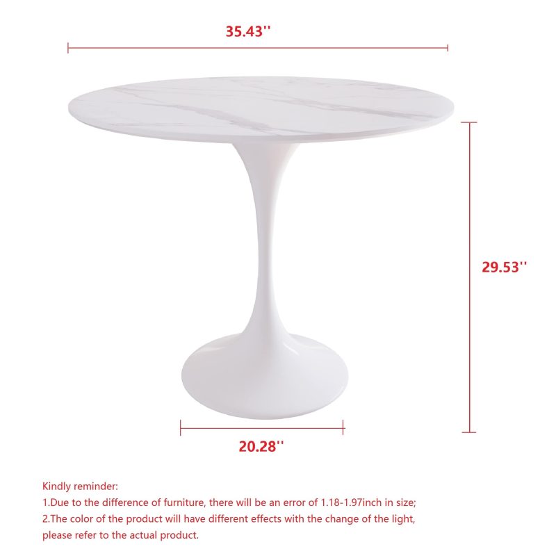 Hausfurn Minimalist 35.43" White Rock Slab Round Dining Table