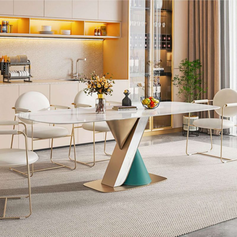 Hausfurn Modern White Rectangular Dining Table for 6 Person with Sintered Stone Top