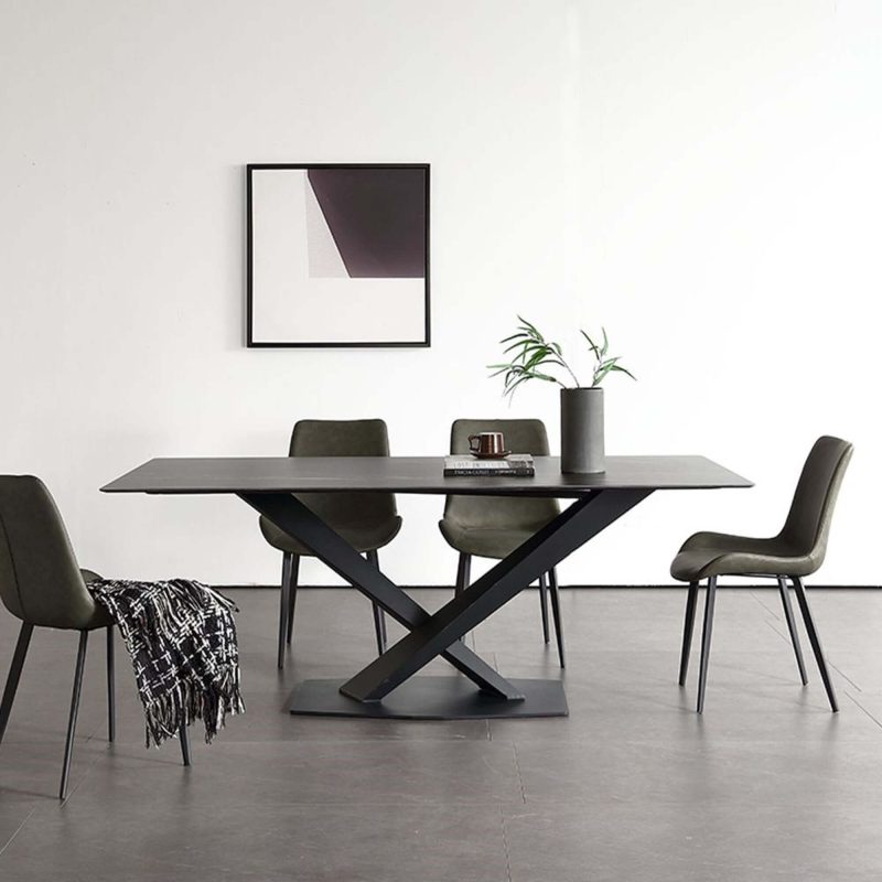 Hausfurn Modern 70.87" Black Marble Dining Table Sintered Stone Top X-Base