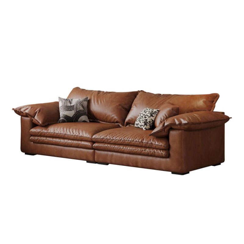 Hausfurn Faux Leather Sofa Brown Vintage Living Room Sofa