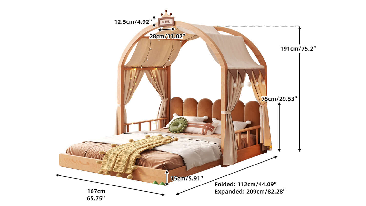 Dimension of Extendable Solid Wood Kids Castle Bed with Canopy – Tent-Style Toddler to Twin Bed with Upholstered Headboard