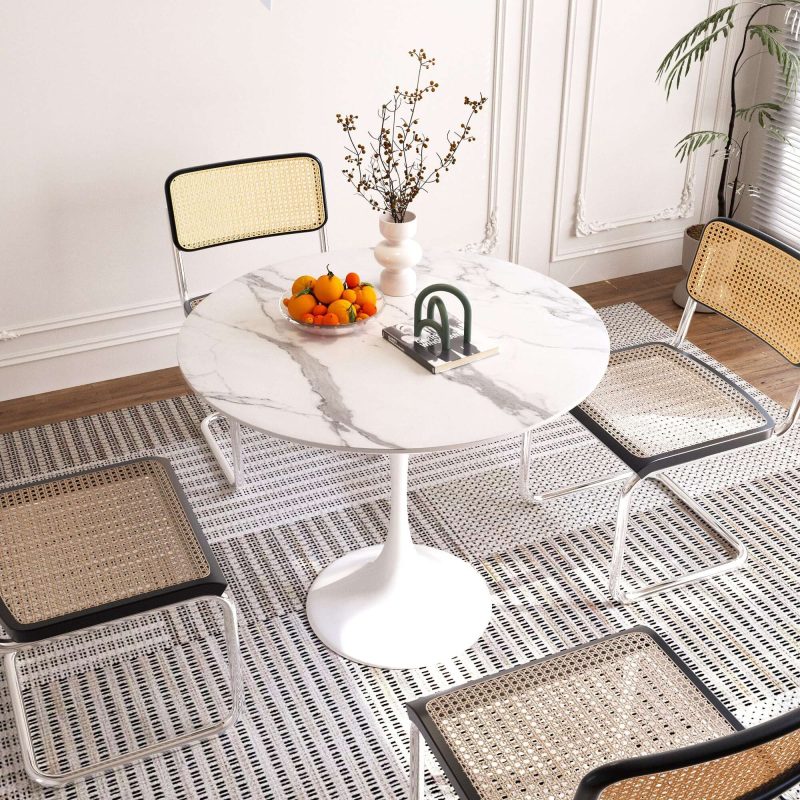 Hausfurn Minimalist 35.43" White Rock Slab Round Dining Table